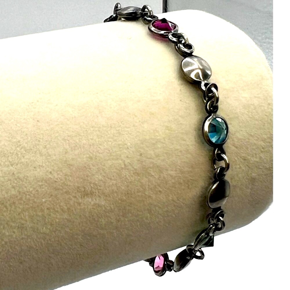 Italian 925 Sterling Silver Bracelet With Faceted Glass Gems M27 - Picture 4 of 8